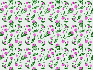 Repeating pattern of pink roses, branches, leaves on a light background for printing on textiles and paper