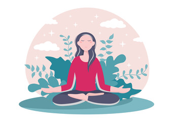 Yoga or Meditation Practices Aim for Health Benefits of the Body to Control Thoughts, Emotions, Inception and Searching for Ideas. Flat Design Vector Illustration