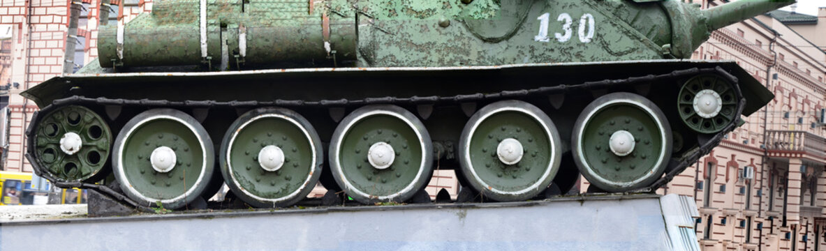 Monument to old military tank SU-100.Monument to Liberating Soldiers in Rivne, Ukraine