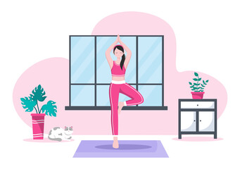 Yoga or Meditation Practices Aim for Health Benefits of the Body to Control Thoughts, Emotions, Inception and Searching for Ideas. Flat Design Vector Illustration