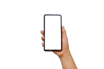 The hand is holding the white screen, the mobile phone is isolated on a white background with the clipping path.