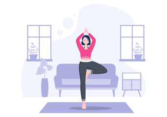 Yoga or Meditation Practices Aim for Health Benefits of the Body to Control Thoughts, Emotions, Inception and Searching for Ideas. Flat Design Vector Illustration