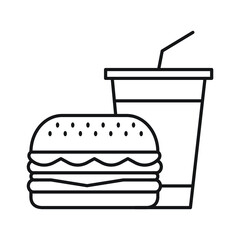 Hamburger and soft drink, Fast food icon, Outline flat design on white background, Vector illustration