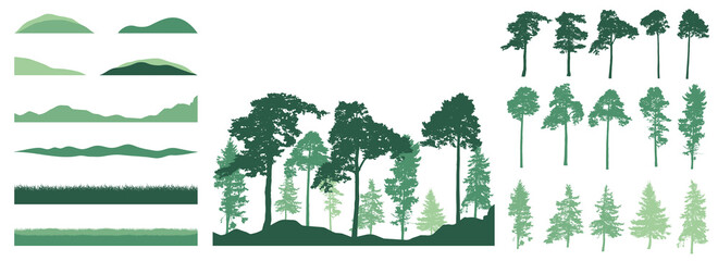 Set of design elements of trees, grass, hill. Creation of forest. Beautiful silhouettes of pine, spruce. Constructor set. Vector illustration.
