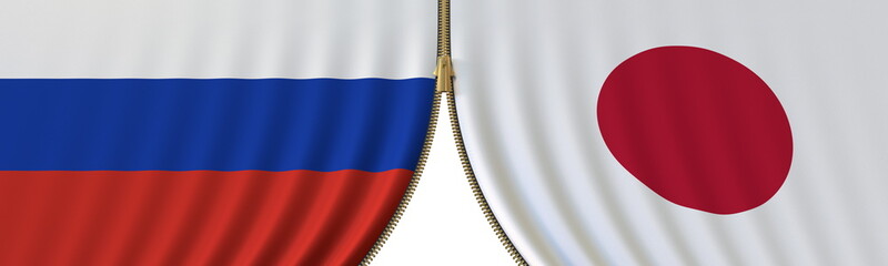 Russia and Japan political cooperation or conflict, flags and closing or opening zipper, conceptual 3D rendering