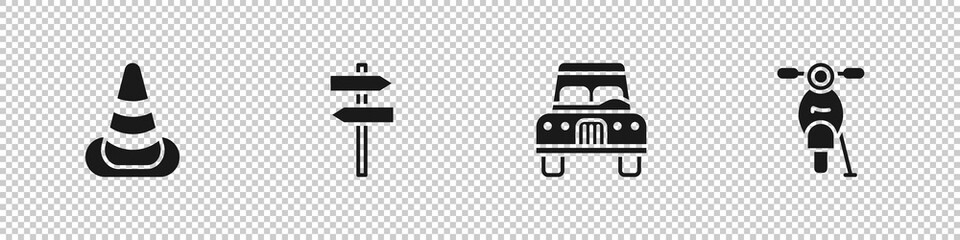 Set Traffic cone, Road traffic signpost, Car and Scooter icon. Vector