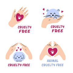 Pack of cruelty free badges. Hand drawn collection of animal testing ban labels. Not tested on animals, vegan cosmetic concept. Vector illustration.