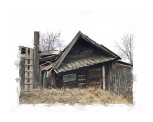Old rickety wooden hut with boarded-up windows. Oil painting.