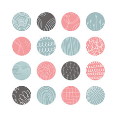 Collection of creative abstract geometric social media highlight covers.Design stories round icon collection.Spots, waves, stripes, spirals, dots, lines, checks and other patterns.Vector illustration