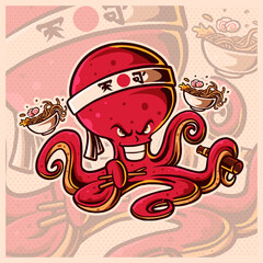 Japanese octopus chef hanging Ramen Noodle mascot esport logo design illustrations vector template, Cute Squid logo for team game streamer youtuber banner twitch discord. flat cartoon style