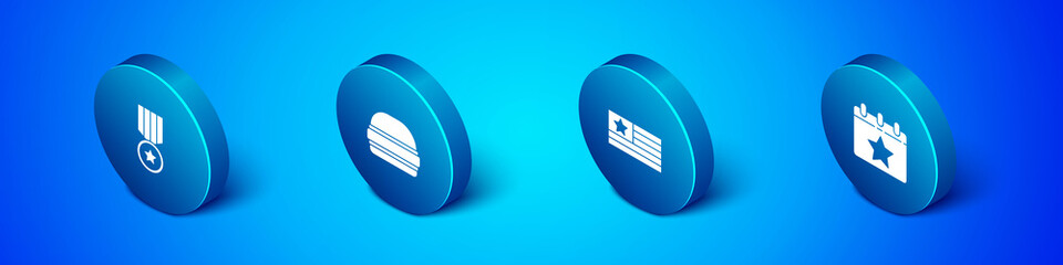 Set Isometric Medal with star, American flag, Calendar date July 4 and Burger icon. Vector