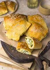 Russian Patties Pasties, Hot Cakes, Pirozhki, Pies on wooden cupboard . Traditional homemade fried pies.