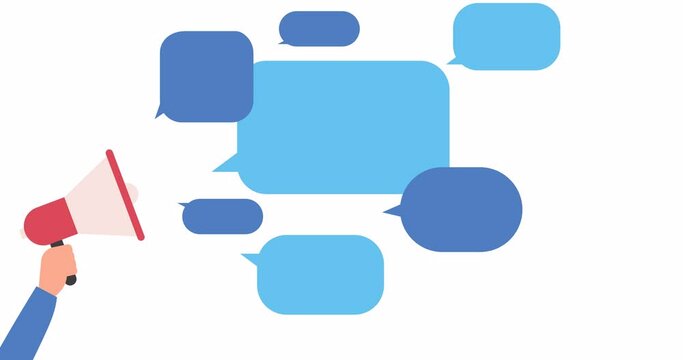 Megaphone and speech bubbles. Concept for message, announcement, protest or advertisement. 4K animation with alpha channel	
