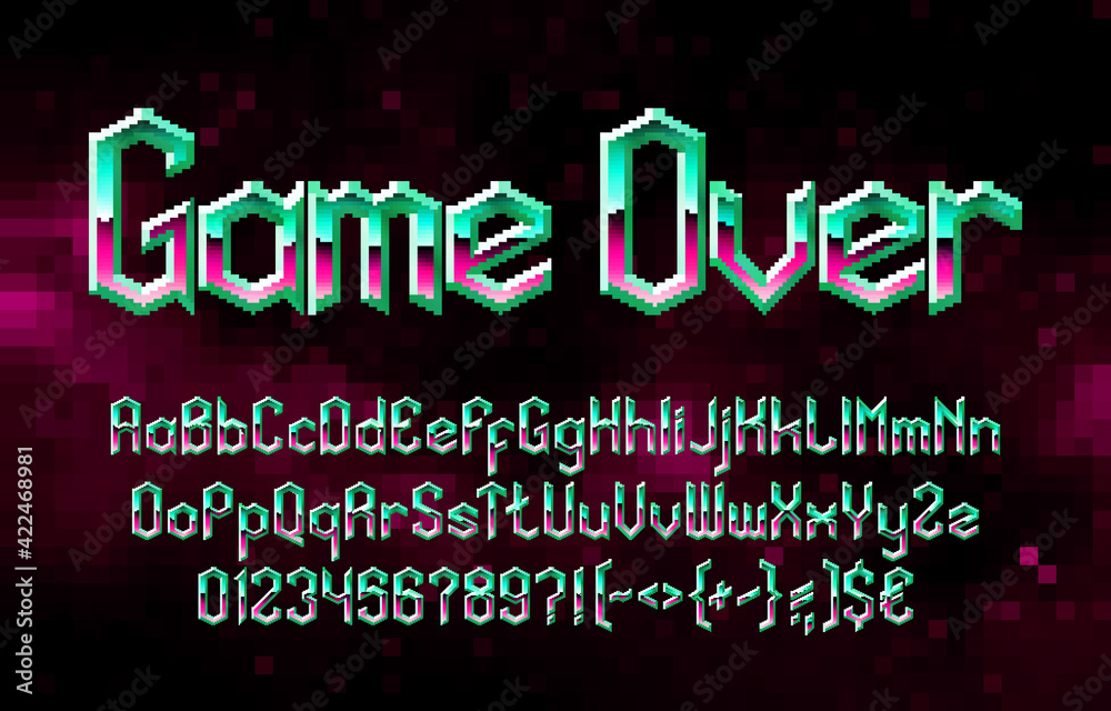 Fototapete game over alphabet font. pixel vivid gradient letters, numbers and punctuations. 80s arcade video ga