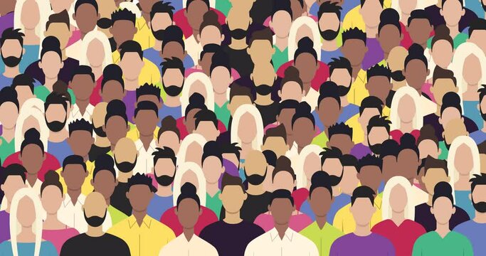 Animation of a large group of people on a white background. A crowd of men and women. The concept of a protest, parade or working group of people. 4K animation with alpha channel
