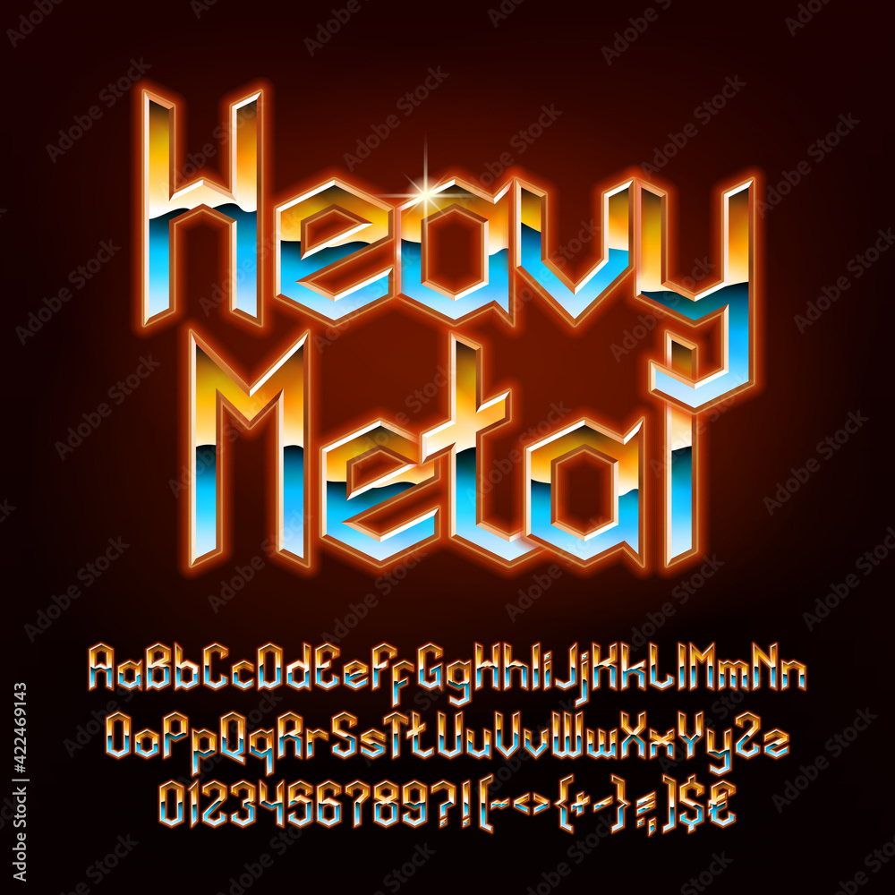 Fototapete heavy metal alphabet font. glowing letters, numbers and punctuations in hard rock style. uppercase a