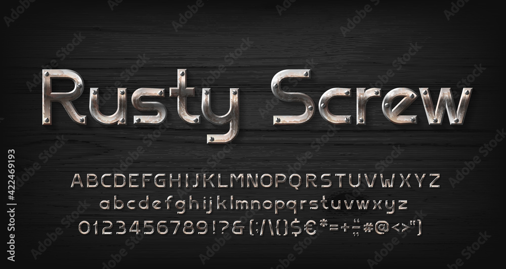 Fototapete rusty screw alphabet font. worn out beveled letters, numbers and punctuations. uppercase and lowerca