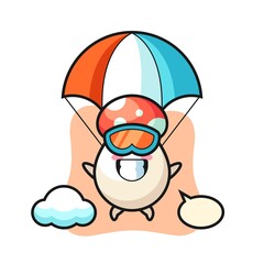 mushroom mascot cartoon is skydiving with happy gesture