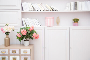 A vase of flowers on chest of drawers near a bookcase in light pink living room