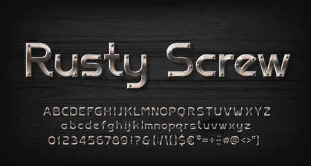 Rusty Screw alphabet font. Worn out beveled letters, numbers and punctuations. Uppercase and lowercase. Wooden background. Stock vector typescript for your design.
