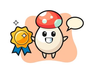 mushroom mascot illustration holding a golden badge