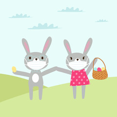Easter card Healthy Easter. The Rabbit in the mask. Easter bunny in medical protective mask with easter egg to avoid coronavirus covid-19. Doddle flat vector illustration. Stay safe. Editable eps 10. 