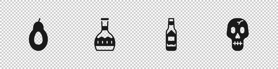 Set Avocado, Tequila bottle, Tabasco sauce and Skull icon. Vector