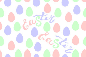 EASTER - handwritten calligraphy inscription. Pink red purple green multicolor word lettering with ornamental eggs around. Vector holiday poster, seamless pattern, decoration