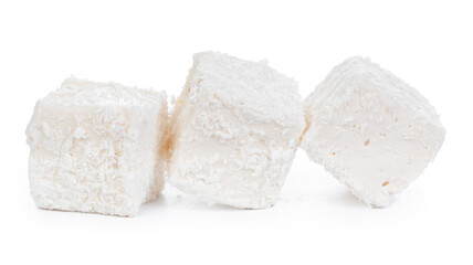 White Turkish delight with coconut shavings isolated on white