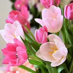White and pink tulips in a bouquet. Beautiful background of flowers, bokeh effect