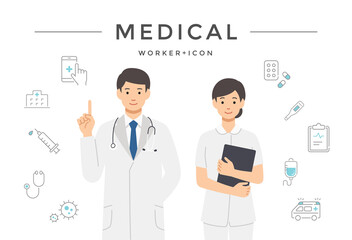 医療従事者の男女とアイコンセット