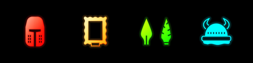 Set Medieval iron helmet, Picture, Stone age arrow head and Viking in horned icon. Vector