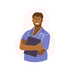 A young bearded male doctor with a stethoscope. African. Healthcare. Vector illustration