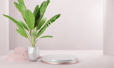 Stones Podium pink pastel for packaging presentation and cosmetic, banana leaves in the room Interior decoration. Product display with warm plaster texture. realistic rendering. 3d illustration