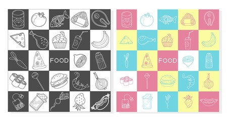 Food set in vector illustration. Collection products: milk, tomato, fish, onigiri, meat, cheese, chicken, biscuits, drink, banana, carrot, pizza, lemon, salt, sushi, candy, sweets, tea, chocolate.