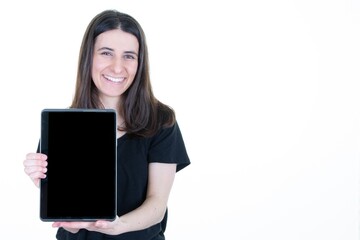 Woman happy smile showing blank black tablet computer screen