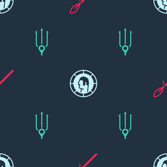 Obraz premium Set Medieval spear, Ancient Greek coin and Neptune Trident on seamless pattern. Vector