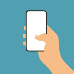 Flat design illustration of man or woman hand holding mobile phone with blank white touch screen on green background, vector