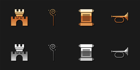 Set Castle, fortress, Magic staff, Decree, parchment, scroll and Trumpet icon. Vector