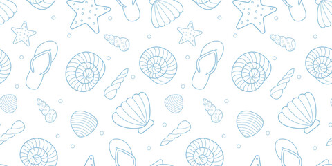 Seamless summer pattern. Marine background. Vector illustration with seashells. Outline seashells on a yellow pastel background.  