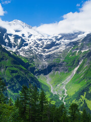 View of the countryside and valley of Austria in the Alps on Road to Großglockner Grossglockner National Park.