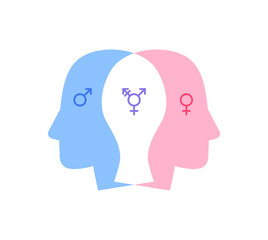 Gender equality and diversity concept. Vector flat illustration. Blue and pink human heads with male, female and transgender symbol isolated on white background. Design element