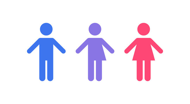 Gender equality and diversity concept. Vector flat illustration set. Blue man, pink woman and purple transgender human silhouette icon isolated on white background. Design element