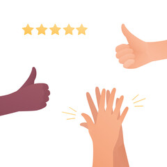 Feedback and quality review concept. Vector flat illustration. Caucasion and african american human hands. Thumbs up, clapping hands and star symbol. Design element