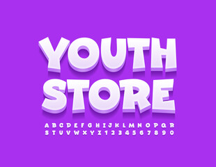 Vector bright Poster Youth Store. Modern 3D Font. Artistic Alphabet Letters and Numbers