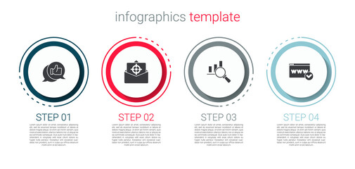 Set Customer product rating, Mail and e-mail, Magnifying glass analysis and Website template. Business infographic template. Vector