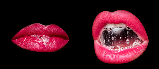 Set of Passionate lips mouth with saliva. Sexy woman lip.