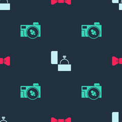 Set Bow tie, Diamond engagement ring and Photo camera on seamless pattern. Vector