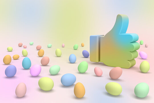 Colorful hand ok on happy easter eggs background. Banner for seasonal social media with egg.