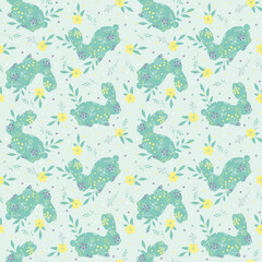Fototapeta na wymiar Flowers and bunnies seamless pattern, vector background